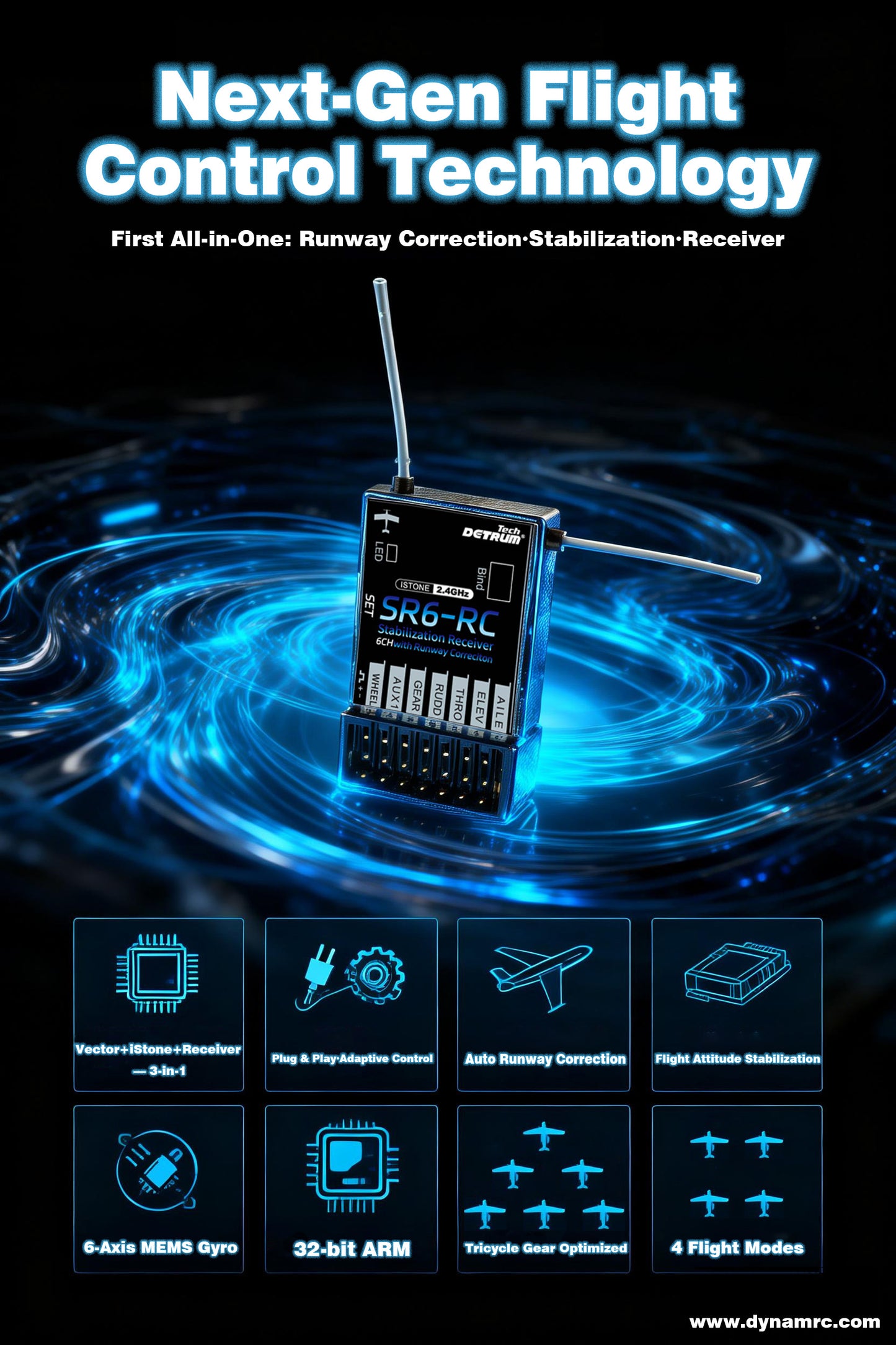 Detrum-SR6-RC-6CH-2.4GHz-Receiver-iStone-6-Axis-Stabilization-Runway-Correction-DTM-R010