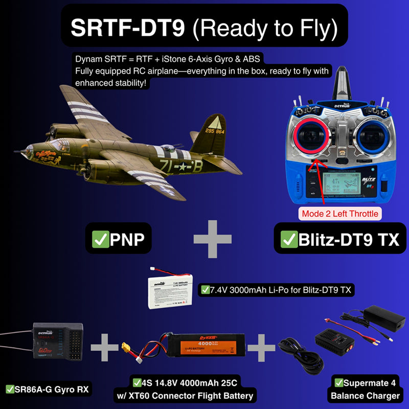 DynamB-26MarauderGreen4STwin-EngineRCWarbirdPlaneSRTF-DT9Mode2