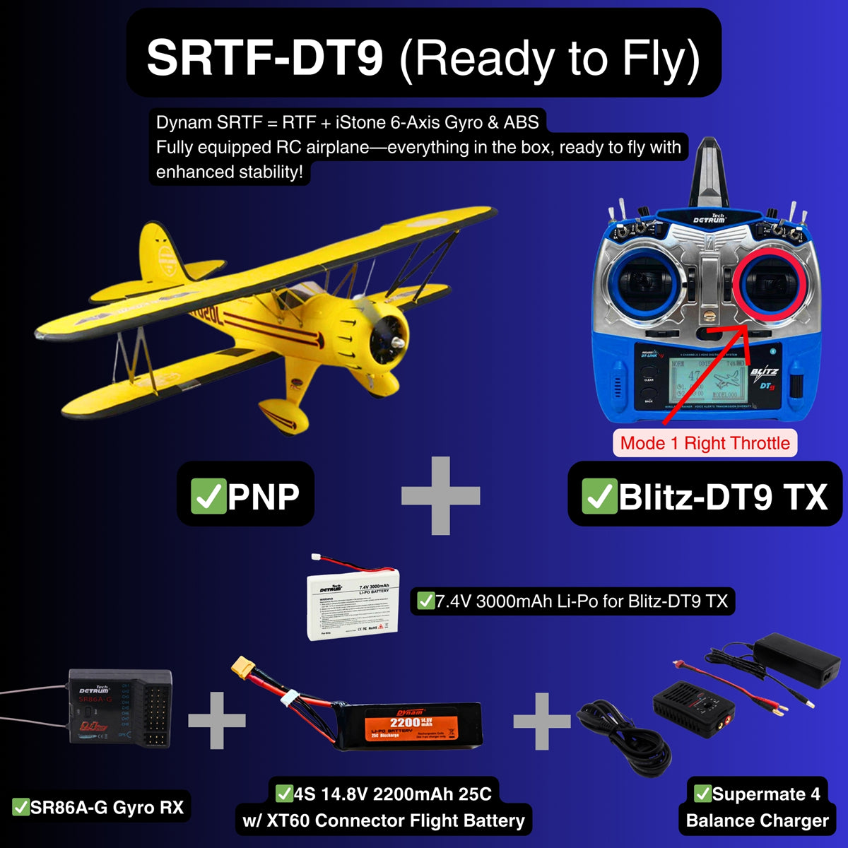 Dynam Waco YMF-5D V2 Yellow 4S RC Biplane 1.3m Wingspan