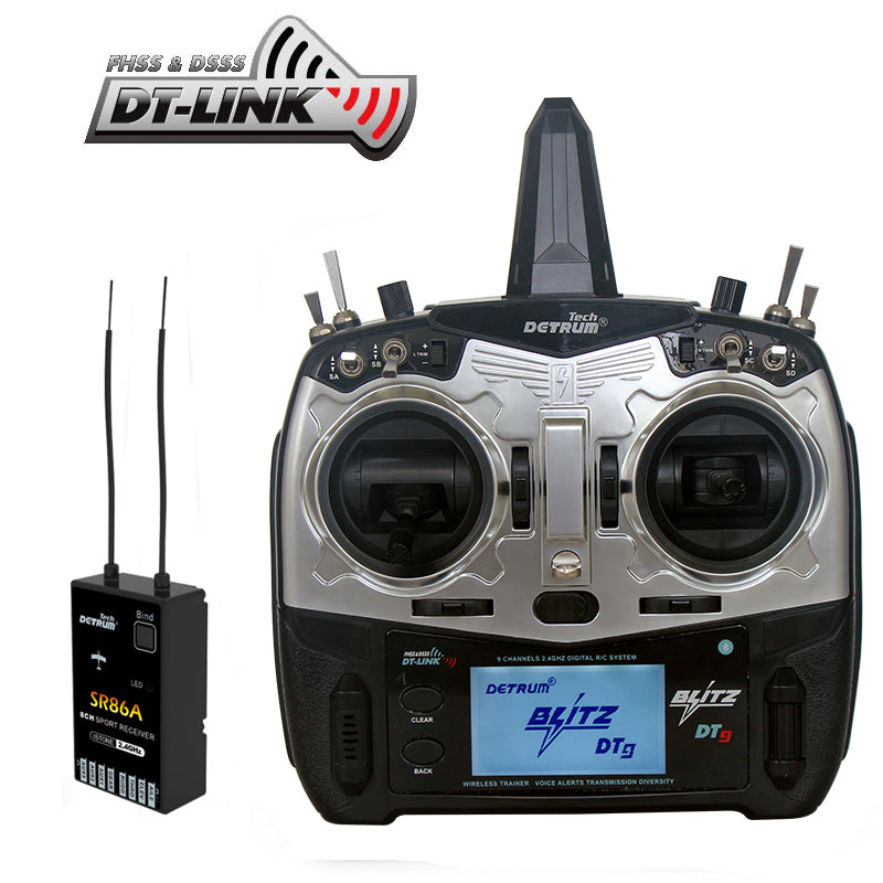Detrum Black Blitz-DT9 9CH Smart Programming/Telemetry RC Transmitter w/ iStone SR86A Stabilizer Receiver