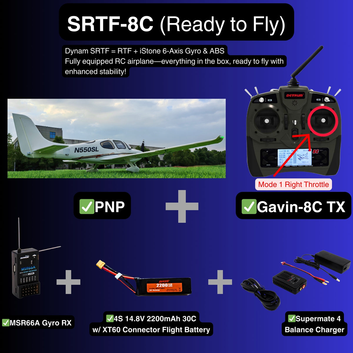Dynam Cirrus SR22 V3 White Trainer 3S/4S  RC Scale Aircraft 1.4m