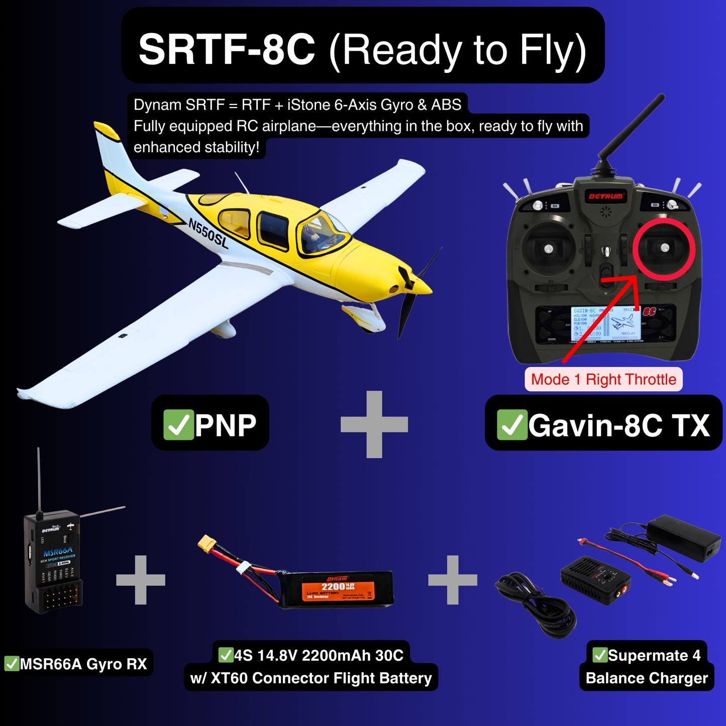 Dynam Cirrus SR22 V3 Trainer 3S/4S Yellow RC Scale Aircraft 1.4m Wingspan