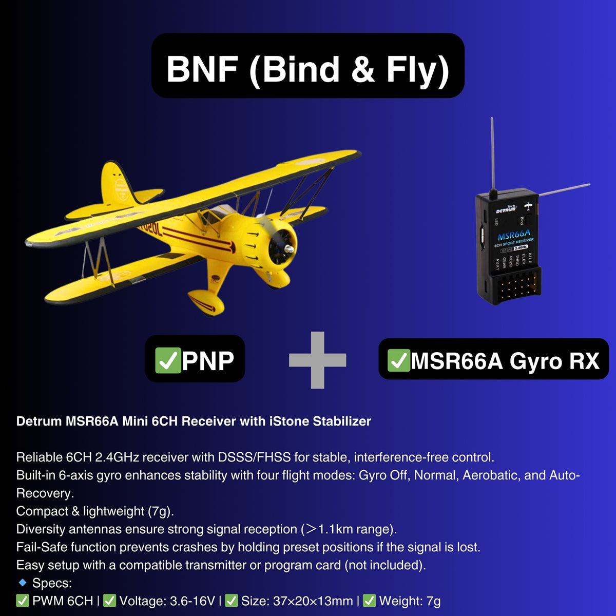 Dynam Yellow Waco YMF-5D V2  4S RC Biplane 1.3m Wingspan